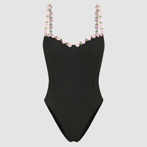 Cider black bodysuit floral straps